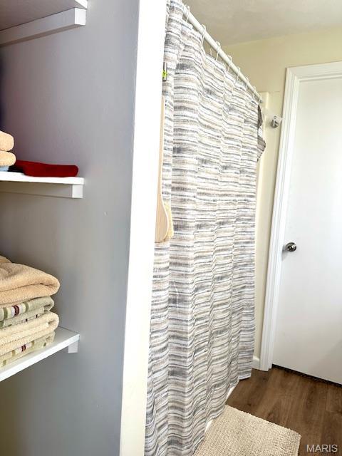 256 Black Oak Trl, Jackson, MO 63755 - bathroom featuring wood finished floors and a shower with curtain