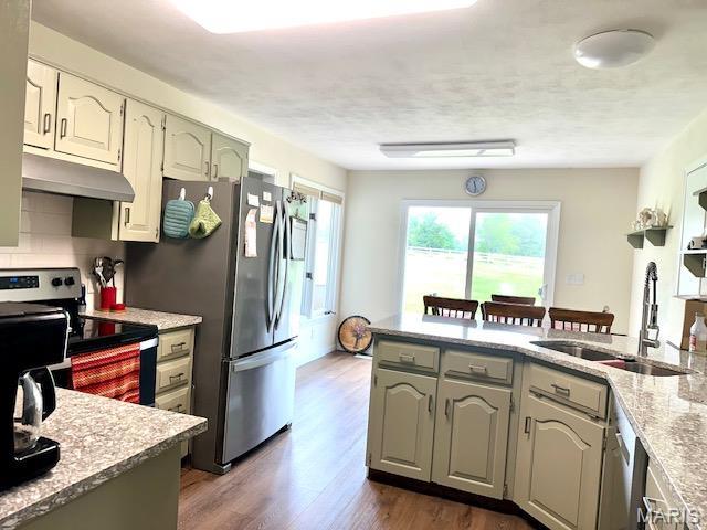 256 Black Oak Trl, Jackson, MO 63755 - kitchen with appliances with stainless steel finishes, under cabinet range hood, dark wood-style floors, a peninsula, and gray cabinetry
