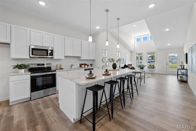 114 Marais Temps Clair, Saint Charles, MO 63301 - kitchen with appliances with stainless steel finishes, open floor plan, light wood-type flooring, light stone counters, and white cabinetry