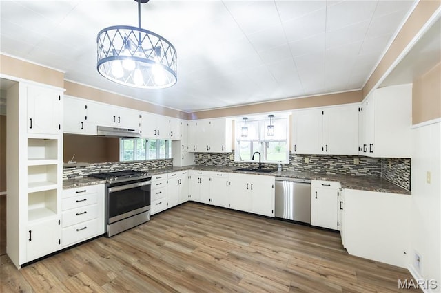 21 Mcfarland Dr, Rolla, MO 65401 - kitchen with stainless steel appliances, decorative backsplash, light wood finished floors, white cabinets, and under cabinet range hood