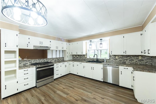 21 Mcfarland Dr, Rolla, MO 65401 - kitchen with appliances with stainless steel finishes, under cabinet range hood, backsplash, wood finished floors, and white cabinetry