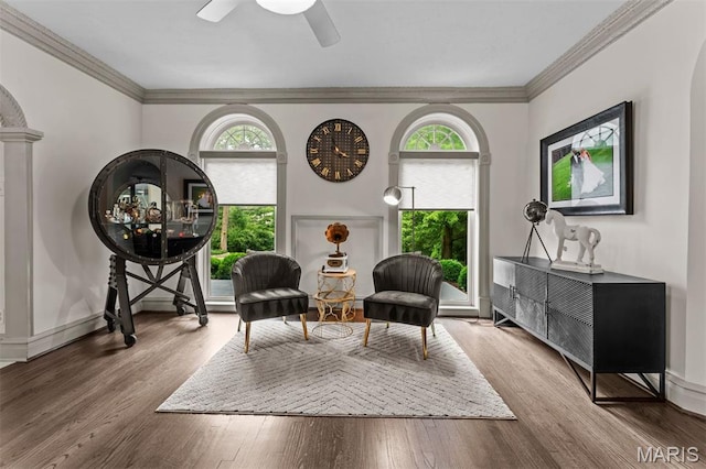 1259 Hampton Park Dr, Richmond Heights, MO 63117 - sitting room featuring wood finished floors, ornamental molding, and a ceiling fan