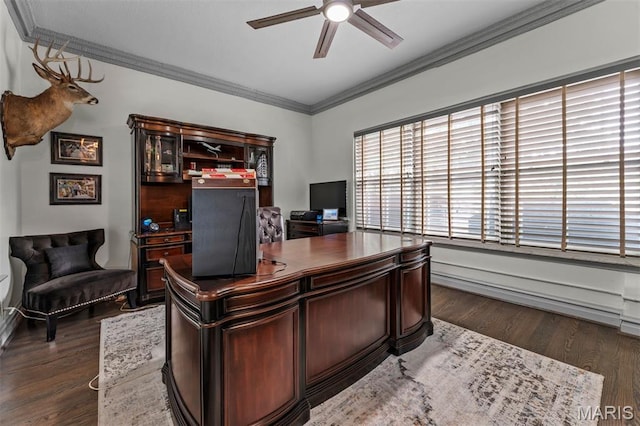 1259 Hampton Park Dr, Richmond Heights, MO 63117 - office space with ornamental molding, a ceiling fan, and dark wood finished floors