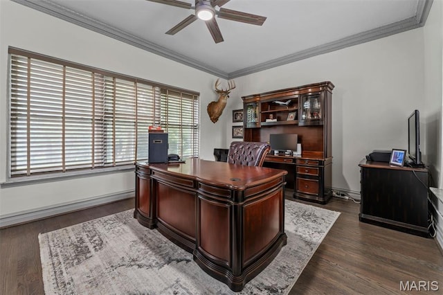 1259 Hampton Park Dr, Richmond Heights, MO 63117 - office area with ceiling fan, crown molding, and dark wood-style flooring