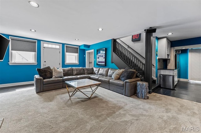 1259 Hampton Park Dr, Richmond Heights, MO 63117 - living room featuring carpet floors, stairway, and recessed lighting