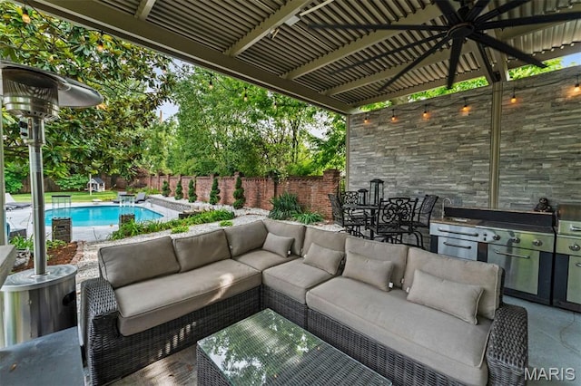 1259 Hampton Park Dr, Richmond Heights, MO 63117 - fenced backyard with an outdoor hangout area, a ceiling fan, outdoor dining space, and a patio area