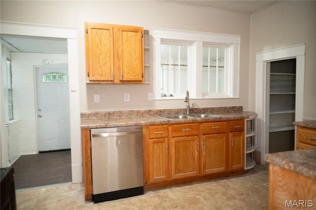 503 N Meramec St, St James, MO 65559 - kitchen with stainless steel dishwasher, brown cabinets, open shelves, and crown molding