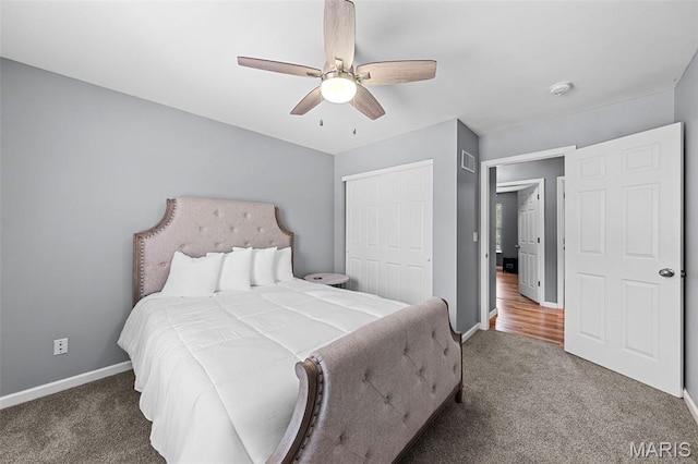 11264 Village Dr, Foristell, MO 63348 - bedroom with carpet flooring, a closet, and ceiling fan