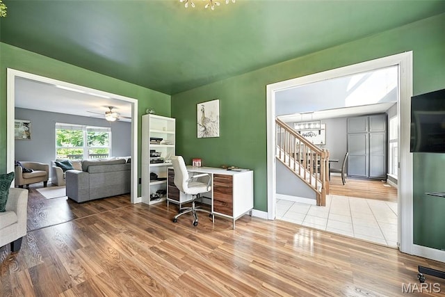 11264 Village Dr, Foristell, MO 63348 - office space featuring a chandelier, wood finished floors, and a ceiling fan