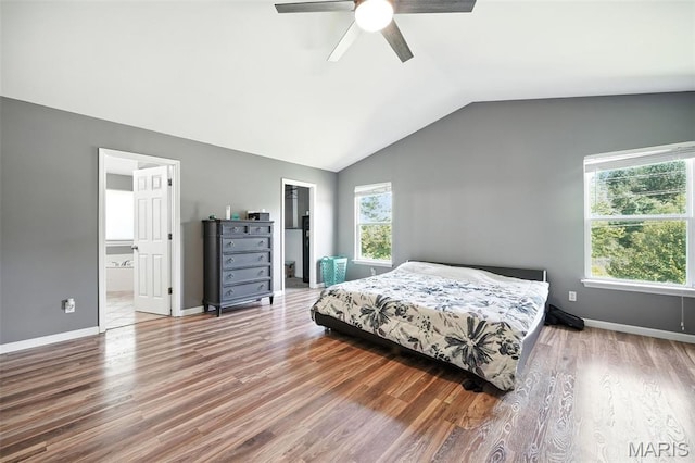 11264 Village Dr, Foristell, MO 63348 - bedroom featuring lofted ceiling, a spacious closet, wood finished floors, a closet, and a ceiling fan