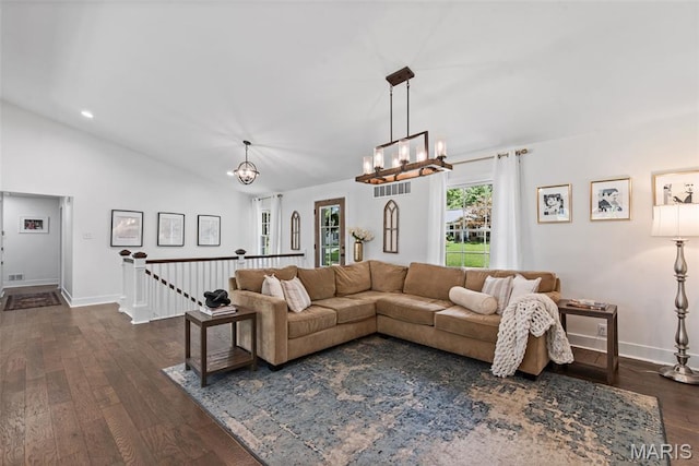 1715 Pine Hill Dr, Des Peres, MO 63131 - living area featuring a chandelier, lofted ceiling, and dark wood-style flooring