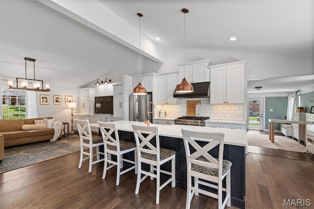 1715 Pine Hill Dr, Des Peres, MO 63131 - kitchen featuring under cabinet range hood, lofted ceiling, freestanding refrigerator, light countertops, and backsplash