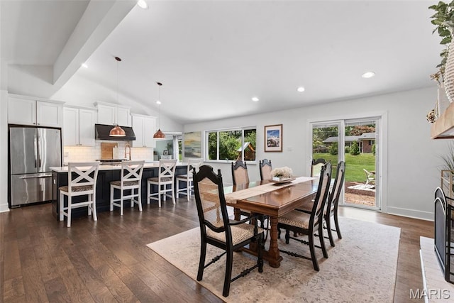 1715 Pine Hill Dr, Des Peres, MO 63131 - dining space with lofted ceiling, recessed lighting, and dark wood-style flooring