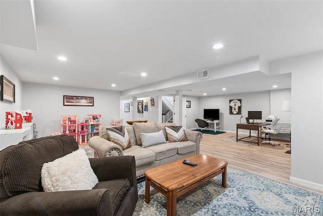 1715 Pine Hill Dr, Des Peres, MO 63131 - living room with recessed lighting, wood finished floors, a desk, and stairway