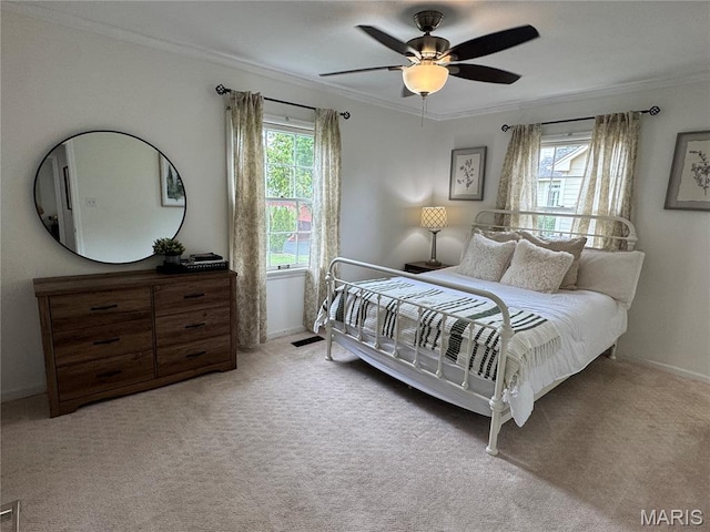 1715 Pine Hill Dr, Des Peres, MO 63131 - carpeted bedroom with ornamental molding and ceiling fan
