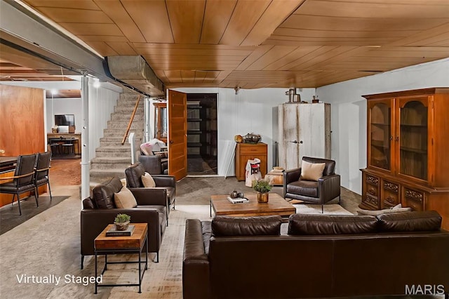 3120 Hawthorne Blvd, Alton, IL 62002 - living area with carpet flooring, stairs, and wood ceiling
