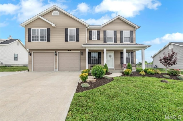 1424 Cortez Dr, Hillsboro, MO 63050 - view of front of property featuring concrete driveway, a porch, a front yard, and a garage