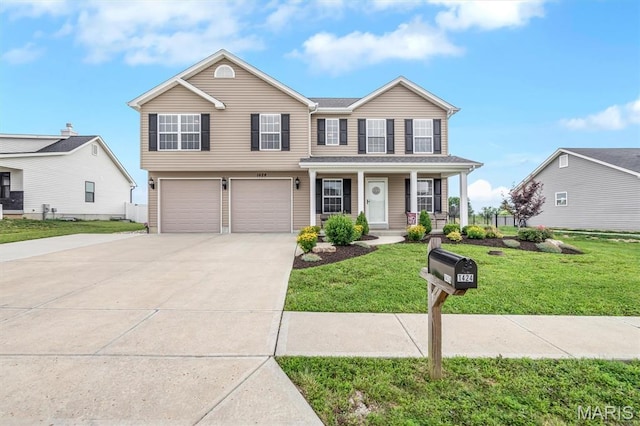 1424 Cortez Dr, Hillsboro, MO 63050 - view of front facade with concrete driveway, a porch, an attached garage, and a front yard