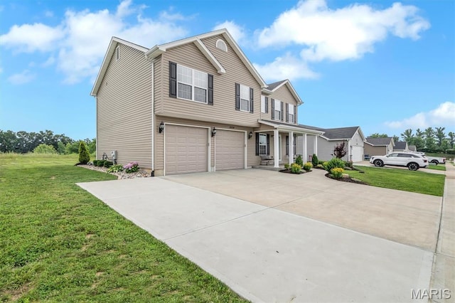 1424 Cortez Dr, Hillsboro, MO 63050 - view of front of house featuring an attached garage, driveway, a front lawn, and covered porch