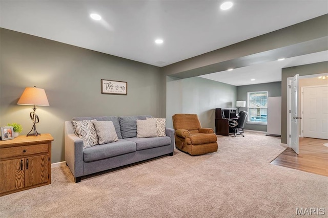 1424 Cortez Dr, Hillsboro, MO 63050 - living area featuring light carpet, recessed lighting, and a desk
