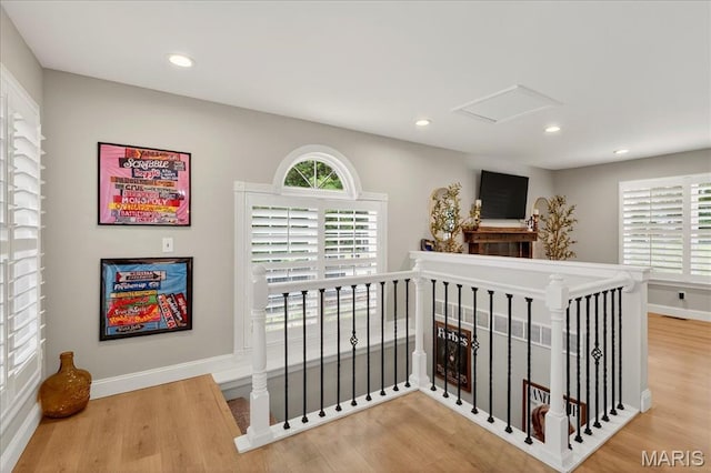 6521 Woodland Dr, Cedar Hill, MO 63016 - stairway with attic access, wood finished floors, and recessed lighting