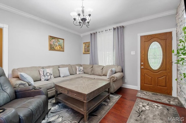 5140 Christy Ave, Saint Louis, MO 63116 - living room with a chandelier, dark wood-style flooring, and crown molding