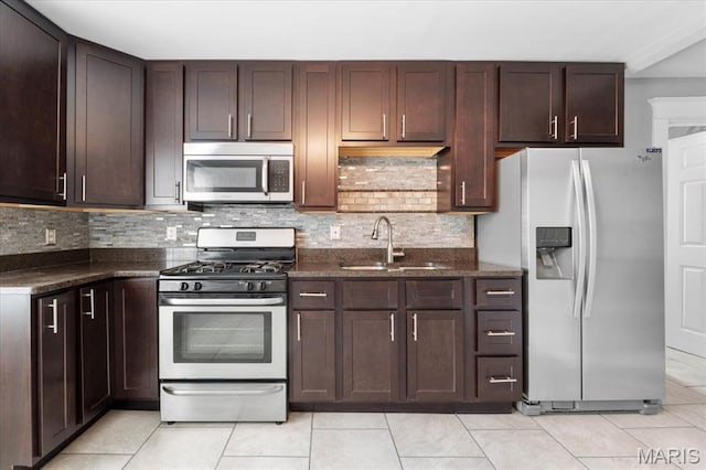 5140 Christy Ave, Saint Louis, MO 63116 - kitchen with stainless steel appliances, decorative backsplash, dark brown cabinets, and light tile patterned floors