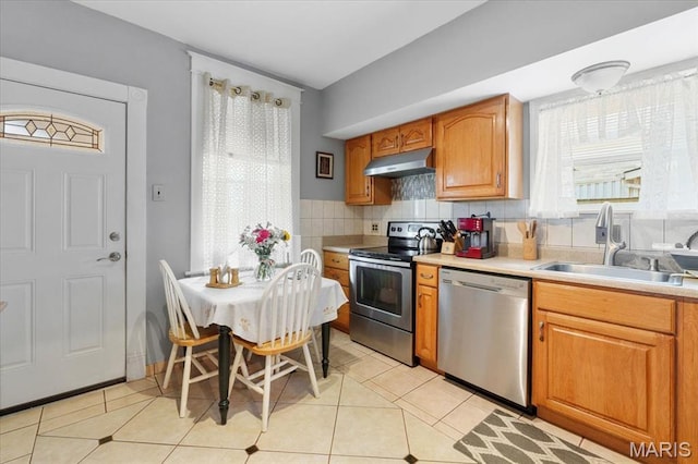 5140 Christy Ave, Saint Louis, MO 63116 - kitchen with appliances with stainless steel finishes, under cabinet range hood, backsplash, light countertops, and light tile patterned floors
