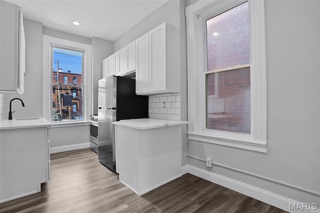 2205 S 11th St, Saint Louis, MO 63104 - kitchen with white cabinetry, appliances with stainless steel finishes, dark wood-style flooring, light countertops, and recessed lighting