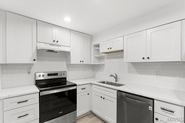 10401 Briarbend Dr Unit 2, Saint Louis, MO 63146 - kitchen featuring appliances with stainless steel finishes, under cabinet range hood, open shelves, white cabinetry, and light stone counters