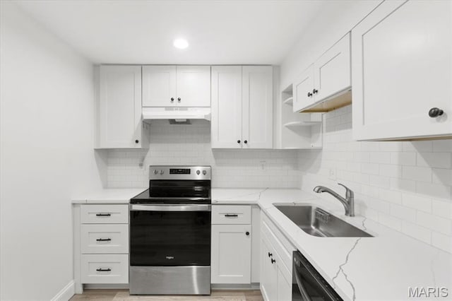 10401 Briarbend Dr Unit 2, Saint Louis, MO 63146 - kitchen featuring stainless steel range with electric stovetop, under cabinet range hood, open shelves, dishwasher, and light stone countertops