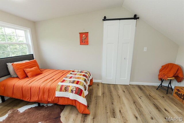 300 E 11th St, Salem, MO 65560 - bedroom with wood finished floors, vaulted ceiling, and a barn door