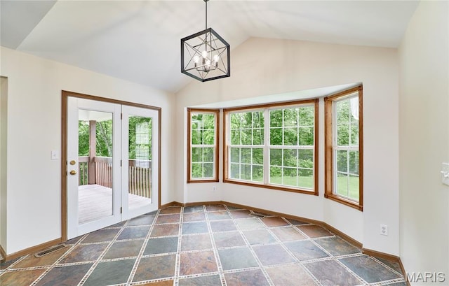 3989 Kim Kelly Dr, Harvester Township, MO 63304 - unfurnished sunroom with plenty of natural light, a chandelier, and lofted ceiling