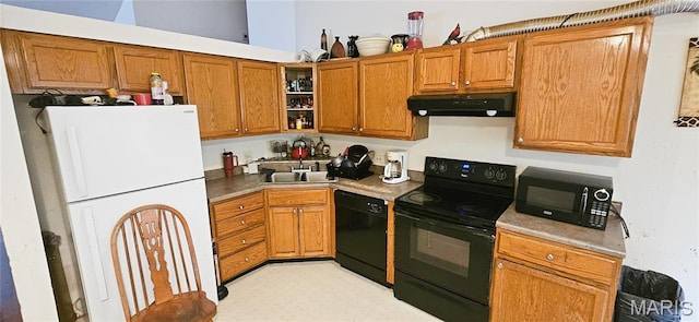 14417 Cape Charles Ct, Florissant, MO 63034 - kitchen featuring black appliances, under cabinet range hood, open shelves, brown cabinetry, and light floors