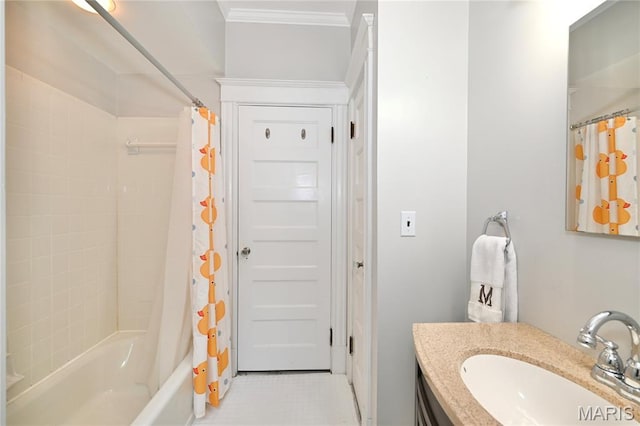 5322 Lansdowne Ave, Saint Louis, MO 63109 - full bath featuring vanity, shower / bath combination with curtain, ornamental molding, and tile patterned flooring