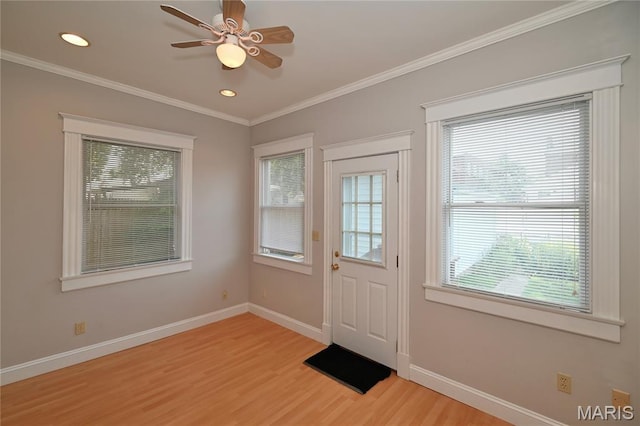 5322 Lansdowne Ave, Saint Louis, MO 63109 - doorway with light wood-type flooring, ceiling fan, ornamental molding, and recessed lighting