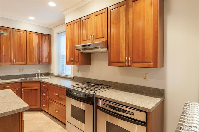 5322 Lansdowne Ave, Saint Louis, MO 63109 - kitchen with under cabinet range hood, appliances with stainless steel finishes, brown cabinets, ornamental molding, and recessed lighting