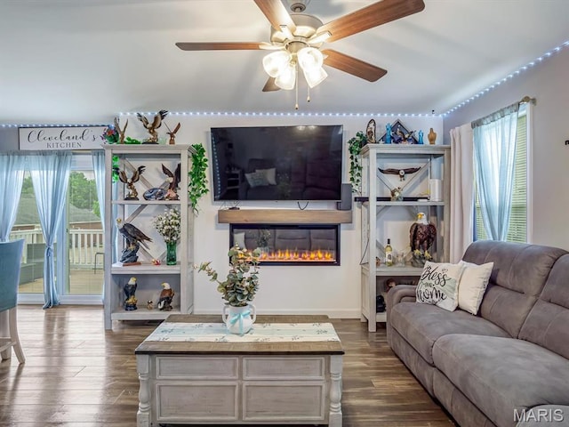 1050 Creekside Dr, Waterloo, IL 62298 - living area featuring a glass covered fireplace, a ceiling fan, dark wood-type flooring, and healthy amount of natural light