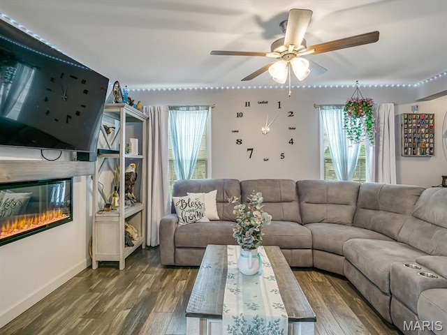 1050 Creekside Dr, Waterloo, IL 62298 - living area with wood finished floors, healthy amount of natural light, ceiling fan, and a glass covered fireplace