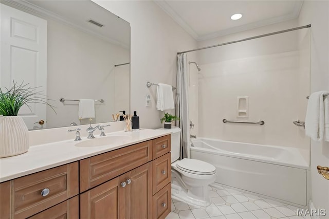 23 Topton Way Unit 2B, Clayton, MO 63105 - full bath with shower / bath combo with shower curtain, crown molding, vanity, tile patterned flooring, and recessed lighting
