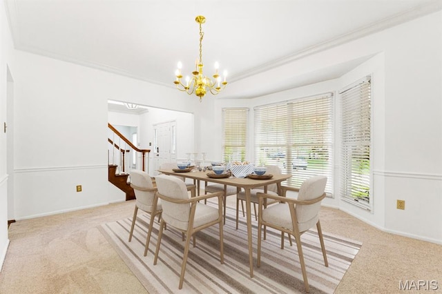 265 Timber Tree Ct, Wildwood, MO 63011 - dining room with a chandelier, light colored carpet, stairway, and crown molding