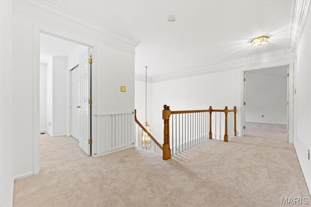 265 Timber Tree Ct, Wildwood, MO 63011 - hallway with an upstairs landing, carpet, and ornamental molding