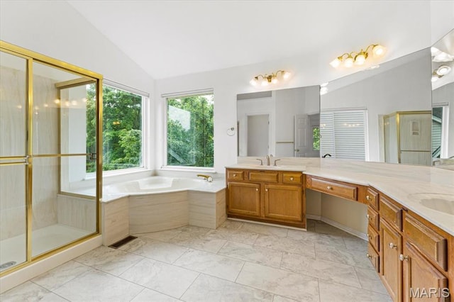 265 Timber Tree Ct, Wildwood, MO 63011 - full bathroom featuring vaulted ceiling, double vanity, a garden tub, a stall shower, and marble finish floors