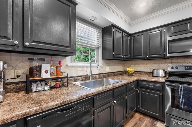 1004 Willow Ln, Sikeston, MO 63801 - kitchen featuring stainless steel appliances, ornamental molding, dark cabinets, light wood finished floors, and decorative backsplash