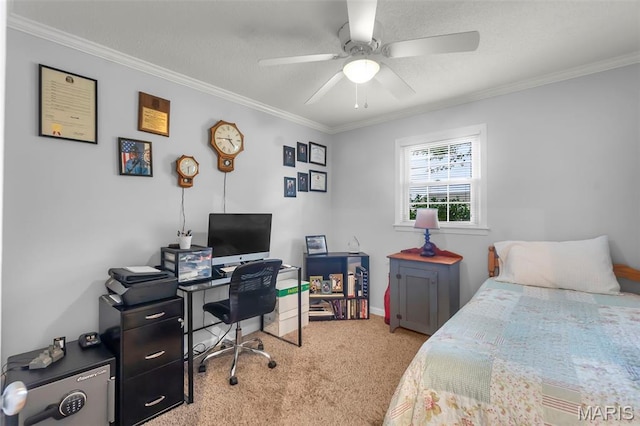 1004 Willow Ln, Sikeston, MO 63801 - bedroom with ornamental molding, light colored carpet, a desk, and a ceiling fan