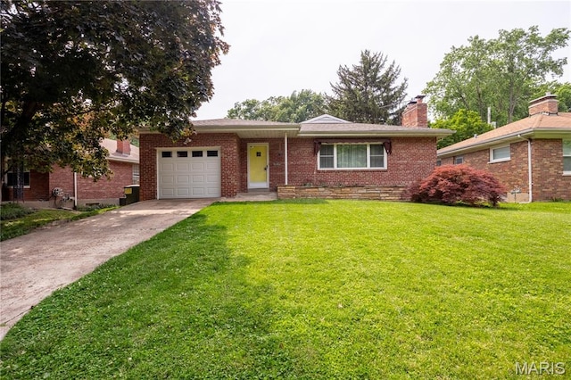6417 Ruth Dr, Saint Louis, MO 63116 - ranch-style home featuring a garage, concrete driveway, a front yard, brick siding, and a chimney