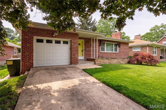 6417 Ruth Dr, Saint Louis, MO 63116 - view of front of home featuring an attached garage, driveway, brick siding, a front yard, and a chimney