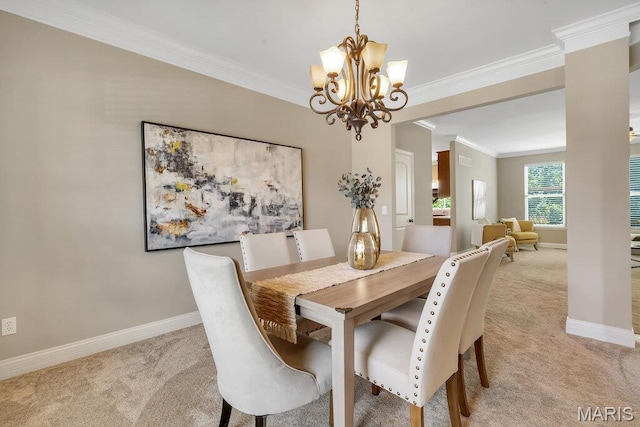 714 Oriental Lily Dr, Ofallon, MO 63366 - dining room featuring light carpet, a chandelier, and ornamental molding