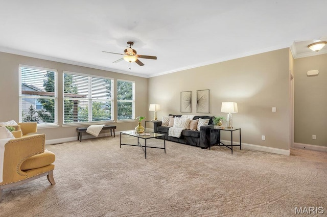 714 Oriental Lily Dr, Ofallon, MO 63366 - living room with crown molding, carpet, and a ceiling fan