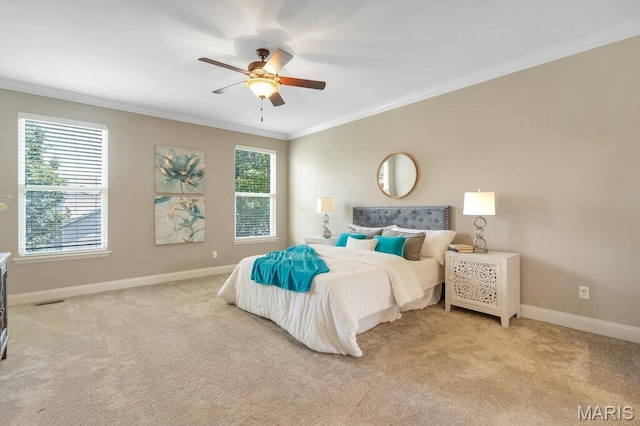 714 Oriental Lily Dr, Ofallon, MO 63366 - bedroom with crown molding, light carpet, and ceiling fan